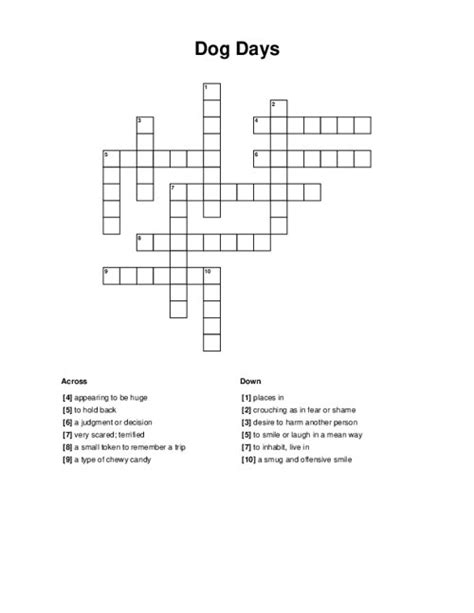 The Crossword Solver found 30 answers to "dog days in dijon/627263", 4 letters crossword clue. The Crossword Solver finds answers to classic crosswords and cryptic crossword puzzles. Enter the length or pattern for better results. Click the answer to find similar crossword clues.. 