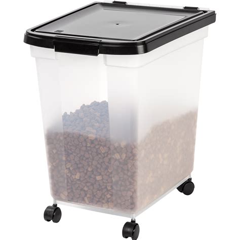 Dog food container 50 lbs. CAPACITY: Airtight containers for food hold up to 12.5 Lbs of dry pet food. CLEAR CONTAINER BODY: The translucent body allows you to check the food level in just one glance. ... IRIS USA 50 Lbs / 65 Qt WeatherPro Airtight Pet Food Storage Container with Removable Casters, for Dog Cat Bird and other Pet Food Storage Bin, Keep Fresh, … 