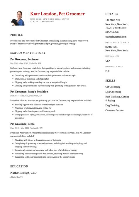 The groomers must be experienced in working with different tools for grooming pets. They must also have time management skills while providing satisfactory customer service. Following dog groomer resume sample demonstrates the tasks carried out and the traits required for the job. Dog Groomer Sample Resume. 