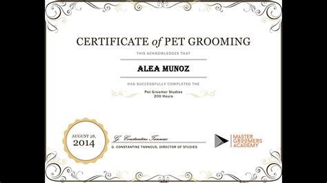 Dog grooming certification. If everything is satisfactory, you’ll be issued a“Certified Master Groomer” & “Certified Grooming Instructor.”. Establish a Clientelle of 200 pets per month and earn $7,000 per month or $84,000 / Year! Foreign students welcome! Got Questions Call George 818.512.8125 After 8a.m. PST. 