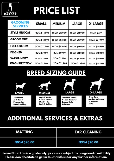 Dog salon prices. GROOMING ADD-ON's · CUCUMBER-MELON BRIGHTENING FACIAL $6.90 · HANDSTRIPPING $40 / hour · DEEP CLEANSING PAW SOAK. $8.28 · EAR PLUCKING. $9.66 &middo... 