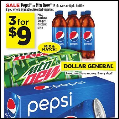 Dollar general pepsi coupon. Confirm My Choices. Pour yourself a glass of pure bliss with every sip of this Pepsi. This crisp drink is perfectly versatile for any occasion and can be mixed to create cool mocktails or cocktails.Pack of 2 litersPepsi with original flavorComes in a sturdy bottleReady to consume. 