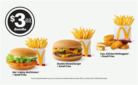 Apr 19, 2022 · The $3 Bundle allows customers to get any two of the McDouble, medium French fries or the Hot ‘n Spicy McChicken for $3. Furthermore, Is McDonald’s 2 for 6 deal still going on? McDonald’s 2 for $6 Mix & Match Deal Is Back. It was gone for a while, but now it’s back, and it’s as good as ever, offering you two choices for an unbeatable ... . Dollar3 bundle mcdonalds