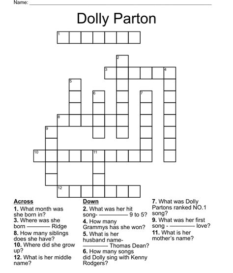 Find the latest crossword clues from New York Times Crosswords, LA Times Crosswords and many more. Crossword Solver. Crossword Finders. Crossword Answers. Word Finders. ... JOLENE Dolly Parton hit (6) LA Times Daily: Jan 3, 2024 : 5% KID ___ Rock did a duet with Dolly Parton (3) (3) 5% BAR Spot for a shot (3) ...