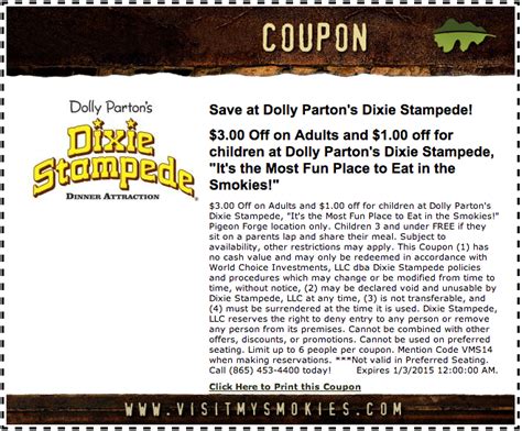 Dolly parton stampede coupon 2023. Book your tickets now and get ready for an unforgettable adventure in the heart of Pigeon Forge! Email This Product. Dolly Parton's Stampede in Pigeon Forge TN invites you in for an incredible dinner attraction experience! Enjoy the show with our Dolly Stampede Coupon! 