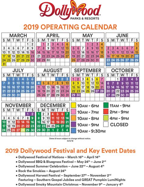 Dollywood Operating Calendar