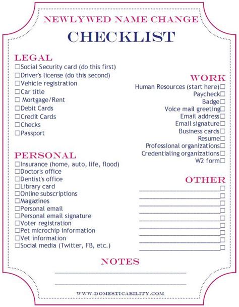 Domesticability Name Change Checklist Printable
