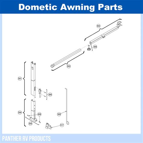 Dometic awning parts diagram. Suitable for Dometic 915 power awnings. Heavy duty aluminum construction. Powder coated. Cast aluminum safety latches. Soft grip handles. Specifications. SKU number. 9108672227. Model on label. 