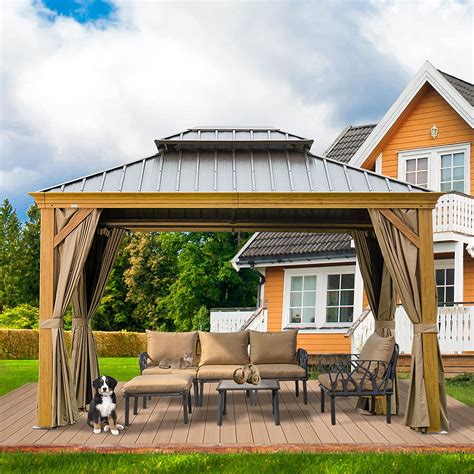 Domi gazebo. This outdoor gazebo is designed with a water gutter which allows the rainwater to flow from the edge of the top into the hole, then to the ground. No worries about the rainy day and snow melting. Size: 12' x 12' Permanent Gazebo. DOMI outdoor living patio gazebo provides 120 square feet of coverage without feeling crowded. 