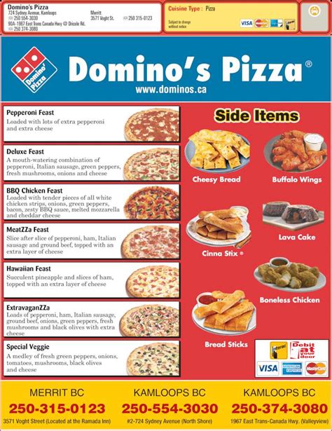 Domino pizza menu price list. The hours of operation may vary by store. Valid for the Delivery Service and Carry-Out of Domino's Pizza Nigeria stores. Domino´s Pizza reserves the right to make unannounced price changes. Our delivery experts provide change up to N7500. Please note that checks or bank transfers, are not accepted as payment method. 