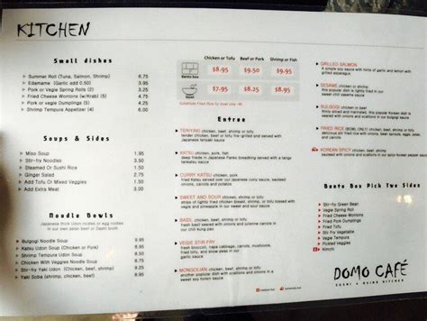 Domo café menu. Domo Cafe Menu Sushi Sets B1. California Roll & Spicy Ahi $11.95 B10. Salmon, Ahi, Hamachi & Ikura $15.95 B2. Spicy Ahi Bombs. 3 reviews 2 photos. $16.95 B3. California Roll, Ebi & Garlic Salmon . 2 photos. $11.95 B4. California Roll, Salmon & Spicy Bomb ... 