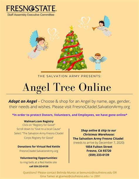 Donate angel tree sponsor. Angel Tree was created by The Salvation Army in 1979 by Majors Charles and Shirley White when they worked with a Lynchburg, Virginia shopping mall to provide clothing and toys for children at Christmas time. The program got its name because the Whites identified the wishes of local children by writing their gift needs on Hallmark greeting cards ... 