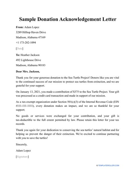 Donation Acknowledgement Letter Sample