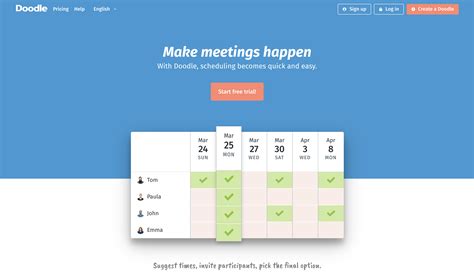 Doodle scheduler. Advantages There are a number of advantages to using Booking Page over scheduling via email. Primarily, it’s going to save you time. In general, using Doodle over emailing back and forth can save you around 15 minutes for small meetings and as much as two hours for larger ones.Booking Page adds to this simplicity by letting people choose … 
