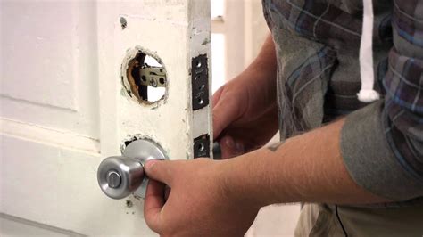 Door lock installation. Typically, this involves unscrewing the lock from the inside of the door using a screwdriver. Take out the screws and separate the lock into two halves, leaving only the deadbolt. Unscrew the deadbolt from the edge of the door, allowing the entire assembly to slide out. Next, remove the strike plate on the door jamb. 