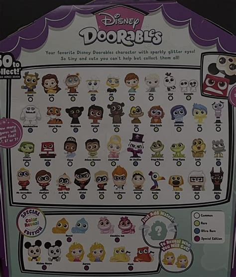 Doorables series 7 checklist. Packaging unfolds to reveal a Doorables village with peel and reveal secrets! Each box includes 24 collectible mini figures assorted from Series 5, or 6. Each Disney mini figure stands approximately 1.5 inches tall and features signature Doorables stylized detailing and sparkly glitter eyes. 