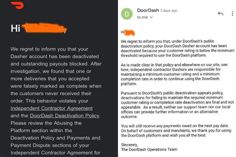 Doordash deactivation number. Going through the same. Multiple deactivations then reactivations then finally when I tried my gift card I got a final email that this time there's no reversal. Time to try Informal.Resolution@doordash.com per their ToS. 1. My account was banned with no explanation after years of using DoorDash. I have no idea what happened or why. 
