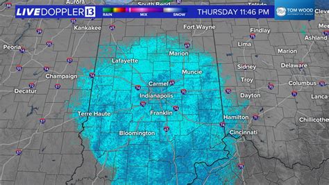 Credit: WTHR. After 7 pm rain, potentially freezing rain, starts to spread across Indiana and becomes widespread by 11 pm. Credit: WTHR. Freezing rain will switch to rain as ground temperatures warm above freezing Tuesday morning. Credit: WTHR. Icy roads will be possible Monday night into Tuesday morning, especially if they haven't been treated.