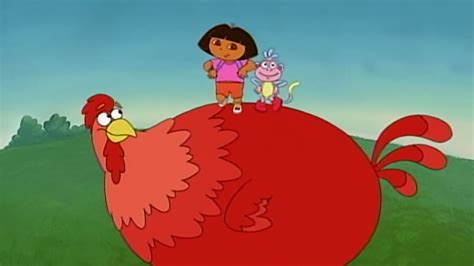 Dora reads the story of "The Legend of the Big Red Chicken.". 