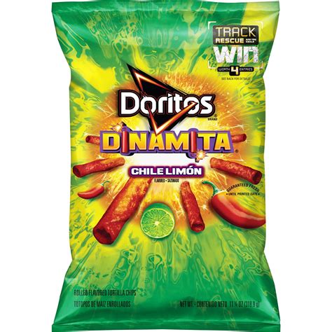  Highlights. Includes 1 (11.25oz) bag of Doritos Dinamita Rolled Tortilla Chips, Chile Limon flavor. Hot, spicy chile flavor rolled into crunchy tortilla chips with a hint of refreshing, citrusy lime. Enjoy the bold snacking experience on its own or try dipping in your favorite salsa or queso dip. Shareable bag is the perfect size to bring some ... . 