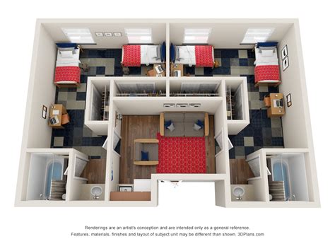 This floor plan comes with full-sized beds. The furni