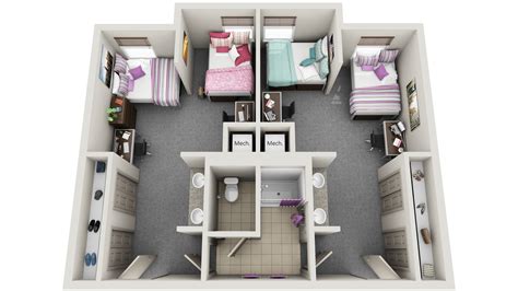Dorm room floor plans. Our fully furnished residence halls give you all the comforts of home in a safe environment. Each residence hall includes a floor plan of either double occupancy (two students per room) or triple occupancy (three students per room). Features include a laundry facility on each floor, breakout rooms for studying and spacious living room areas. 