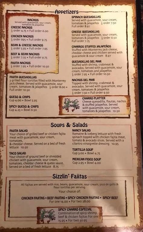 Dos charros restaurant menu. View the online menu of Dos Charros and other restaurants in Rowlett, Texas. Dos Charros « Back To Rowlett, TX. ... Elva's Kitchen Mexican Restaurant Mexican 0.01 mi ... 