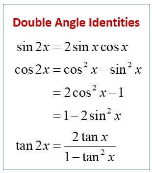 Double angle identities. The double-angle formulas are a special case of the sum formulas, where α = β. Deriving the double-angle formula for sine begins with the sum formula, sin(α + β) = sinα cos β + cos α sinβ. If we let α = β = θ, then we have. sin(θ + θ) = sinθ cos θ + cos θ sinθ sin(2θ) = 2sin θcos θ. 