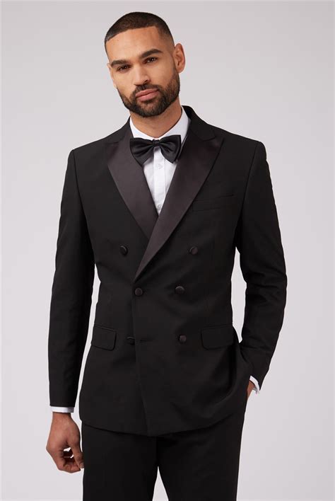 Double breasted tuxedo jacket. Double Breasted Tuxedo Jacket - Black. 100% woolmark certified pure merino wool. Available in slim fit only. Double breasted six button fastening with a peak grosgrain lapel. Welt … 