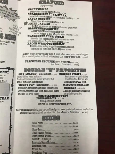 Double d steakhouse deridder menu. Jun 9, 2023 · Menu added by users December 03, 2017 Menu added by users July 04, 2017 The restaurant information including the Double D Steak & Seafood menu items and prices may have been modified since the last website update. 