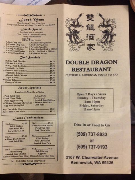 Double Dragon Restaurant $$$ • Chinese. Hours: 125 Clearwater Station Rd, Clearwater (250) 674-3434. Menu. Take-Out/Delivery Options. take-out. Recent Reviews. 3.8 - 71 reviews. Add your comment. September 2023. I would give them 6 if there was another star. The ginger beef is the best I've ever had.. 