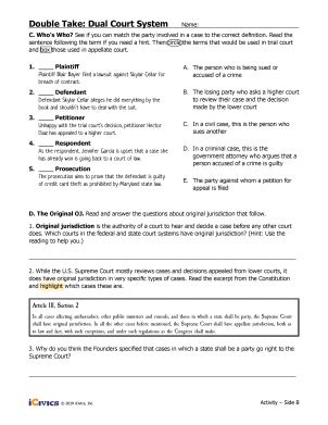 These clients need your Double Take: Dual Court System Name: Activity ̶ Side A A. Federal, State, or Concurrent Jurisdiction? These clients need your help! Determine whether the client has a federal case, state case, or if the case might fal ...[Show More] Preview 1 out of 5 pages. Purchase this document to unlock the blurred part and the rest .... 