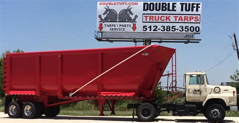 Double tuff truck tarps. Dump truck and trailer tarp system manufacturing, installation, and repair services. Arm system, bow system, and side roll over system parts. 