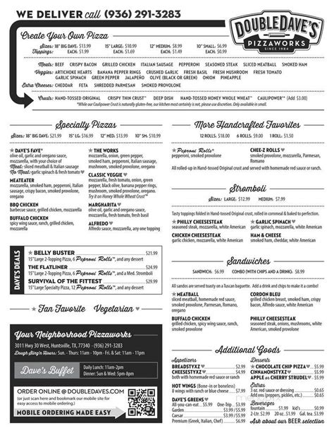 Doubledave's pizzaworks huntsville menu. Apr 8, 2013 · DoubleDave's Pizzaworks, Huntsville: See 23 unbiased reviews of DoubleDave's Pizzaworks, rated 3.5 of 5 on Tripadvisor and ranked #44 of 117 restaurants in Huntsville. 