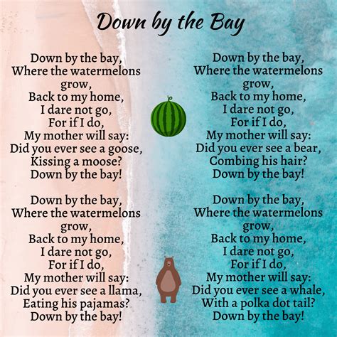 Down by the bay lyrics. Down by the Bay, enjoy our delightfully animated version of this popular nursery rhyme. From the CD, Nursery Rhymes with The Learning Station. Nursery Rhymes with The Learning Station CD Download: .\r \r LIKE us on Facebook and participate in FREE giveaways galore: \r SUBSCRIBE to our YouTube channel: \r \r Down by the Bay - … 