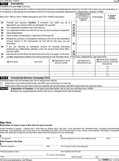 Download 1040X Form 2012 for Free Page 2 FormTemplate