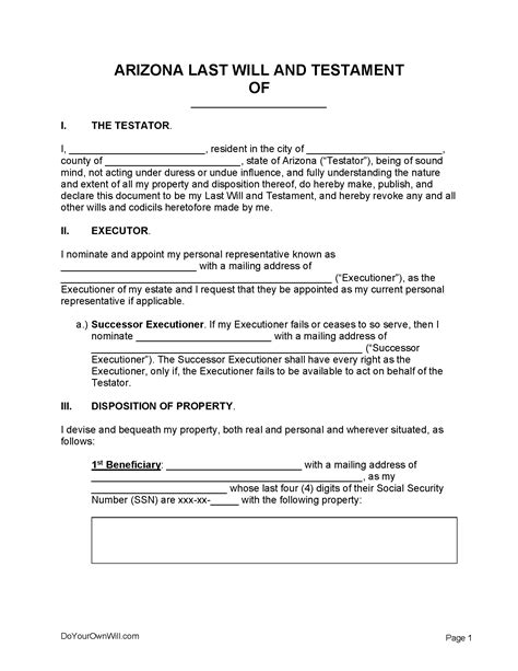 Download Arizona Last Will And Testament Form for Free FormTemplate