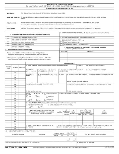 Download DA Form 61 Application For Appointment PDF XFDL