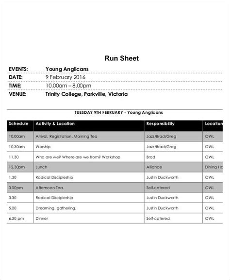 Download Example Run Sheet Template for Free FormTemplate