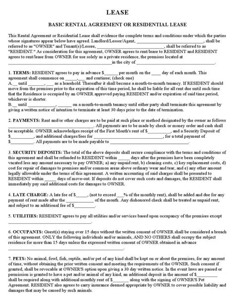 Download Free Basic Rental Agreement or Residential Lease Printable Lease Agreement