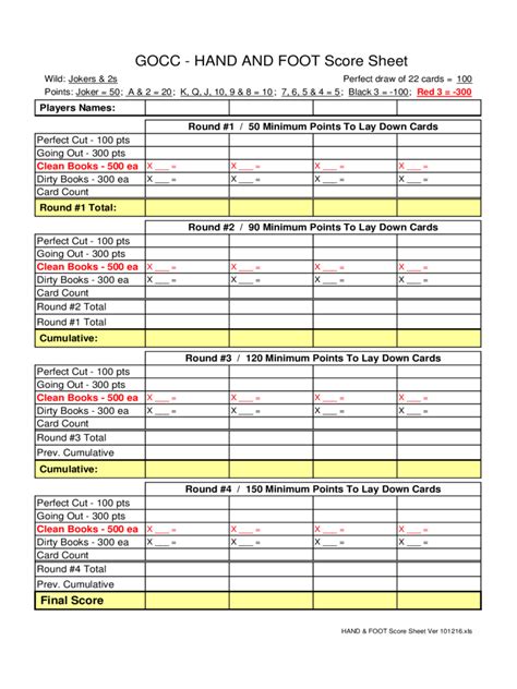 Download Hand and Foot Score Sheet for Free FormTemplate