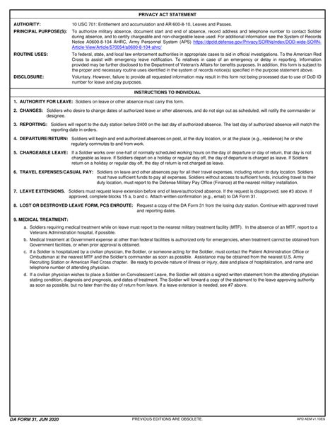 Download Instructions for DA Form 31 Request and Authority for Leave