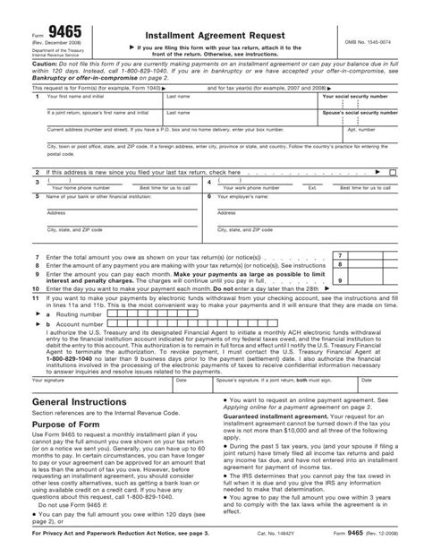Download Instructions for IRS Form 9465 Installment Agreement Request