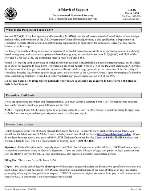 Download Instructions for USCIS Form I134 Affidavit of Support PDF