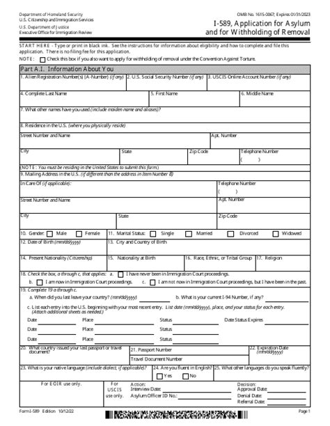 Download Instructions for USCIS Form I589 Application for Asylum and
