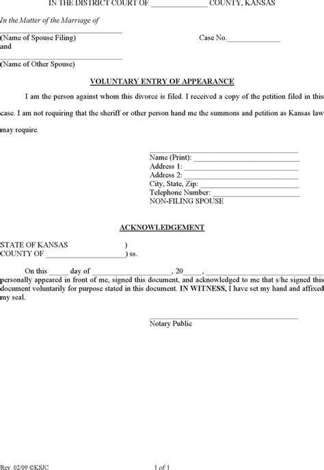 Download Kansas Voluntary Entry of Appearance Form for Free FormTemplate