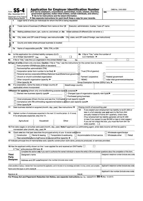 Download SS4 Form Application for Employer Identification Number