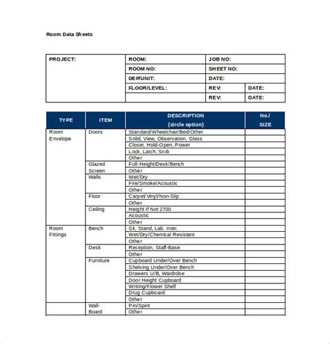 Download Sample Room Data Sheet Template Free Download for Free