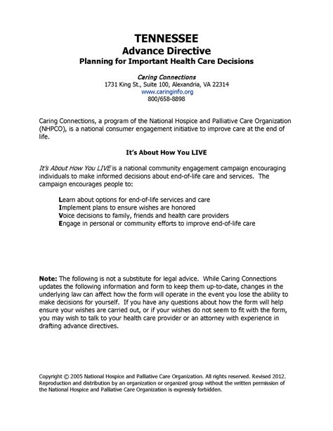 Download Tennessee Living Will Form Advance Directive PDF