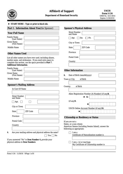 Download USCIS Affidavit of Support Form I134 PDF